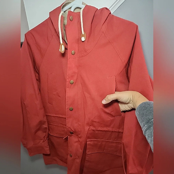 Coudre Jacket Red Large Zip and Snap Button Front Closure Hooded Canvas Pockets - Picture 2 of 6